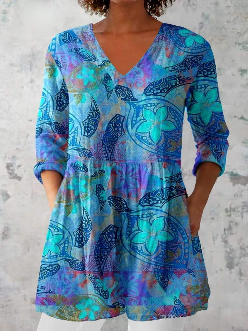 Cyzon | Lange V-Ausschnitt-Bluse mit Boho-Blumenprint