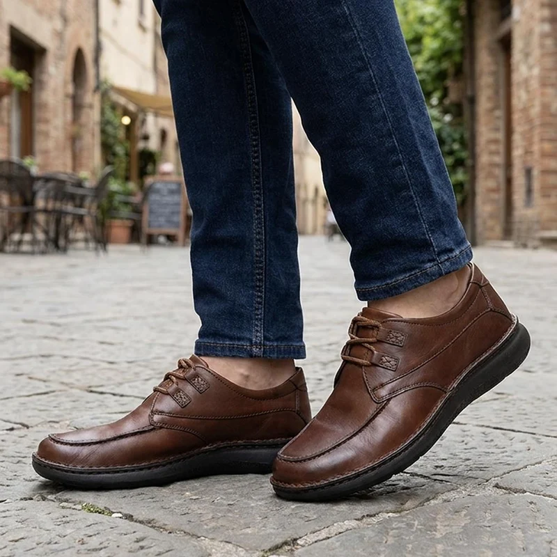 Wide Fit Leather Casual Lace Up Shoes - PARK42059 / 328 430 - Cognac