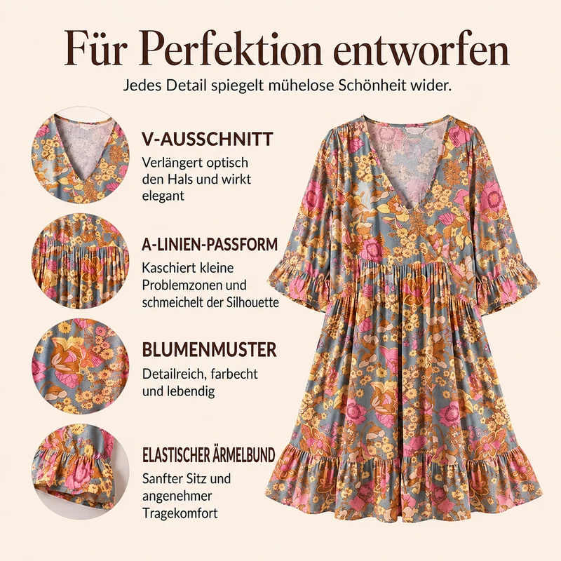 Jervisa | Geblümtes V-Ausschnitt-Kleid mit Rüschenärmeln