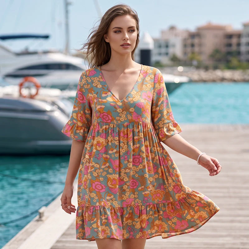 Jervisa | Geblümtes V-Ausschnitt-Kleid mit Rüschenärmeln