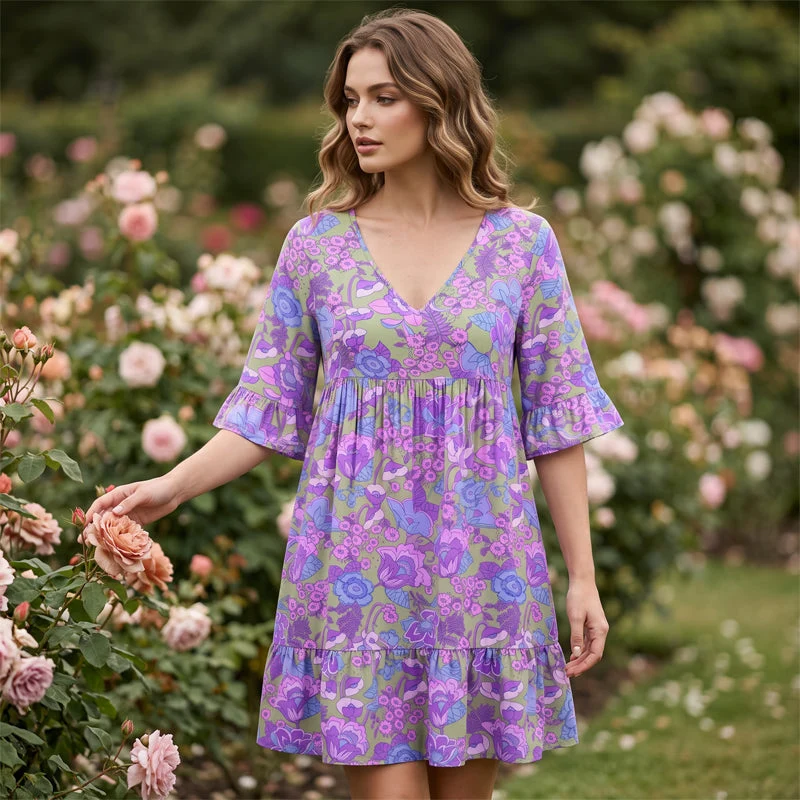 Jervisa | Geblümtes V-Ausschnitt-Kleid mit Rüschenärmeln