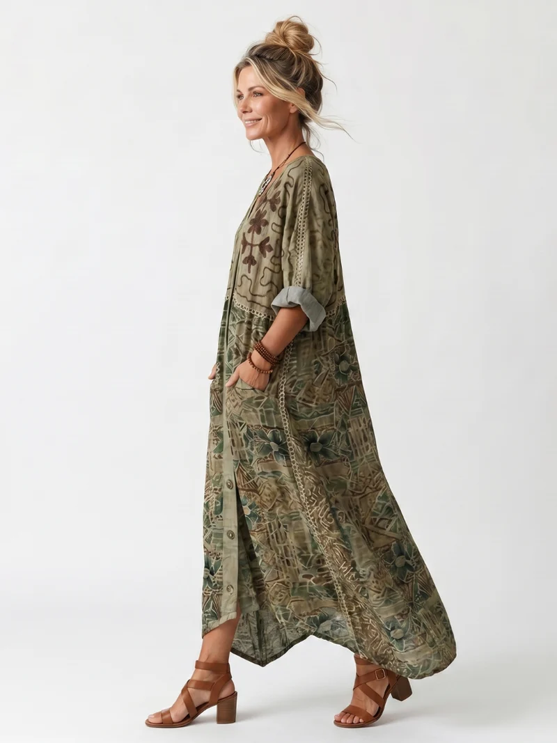 Glyfaith | Bedrucktes Maxikleid mit Knopfleiste und Taschen