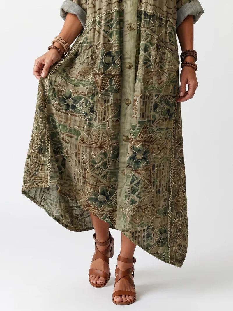 Glyfaith | Bedrucktes Maxikleid mit Knopfleiste und Taschen