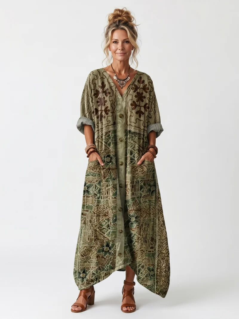 Glyfaith | Bedrucktes Maxikleid mit Knopfleiste und Taschen