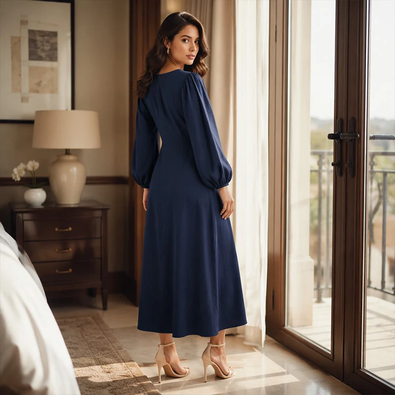 Cathleen | Elegantes Maxikleid mit V-Ausschnitt und Puffärmeln