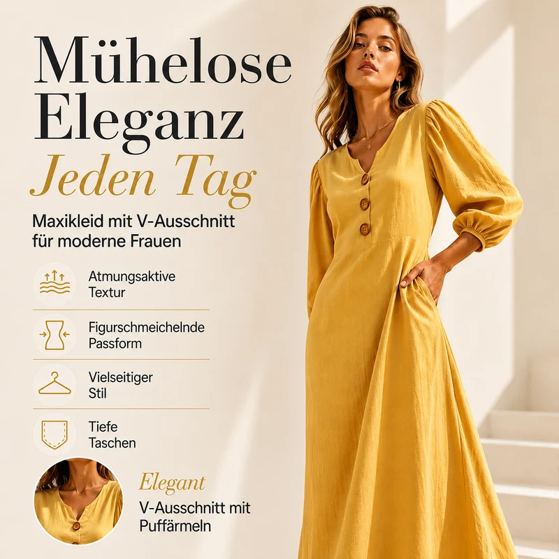 Cathleen | Elegantes Maxikleid mit V-Ausschnitt und Puffärmeln