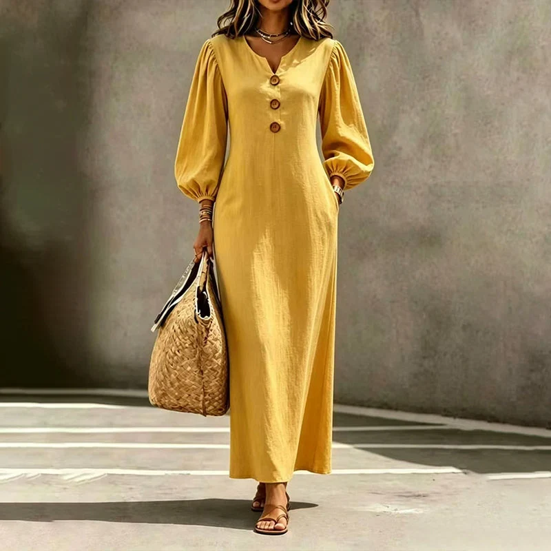 Cathleen | Elegantes Maxikleid mit V-Ausschnitt und Puffärmeln