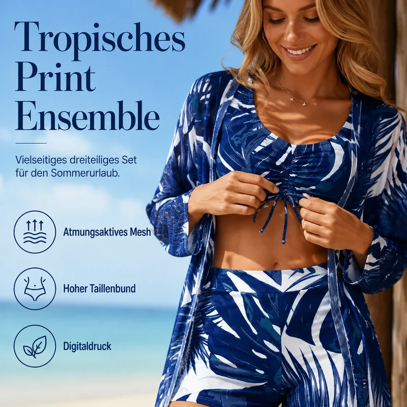 Zeshlea | Tropischer Badeanzug-Dreiteiler mit Strandkimono