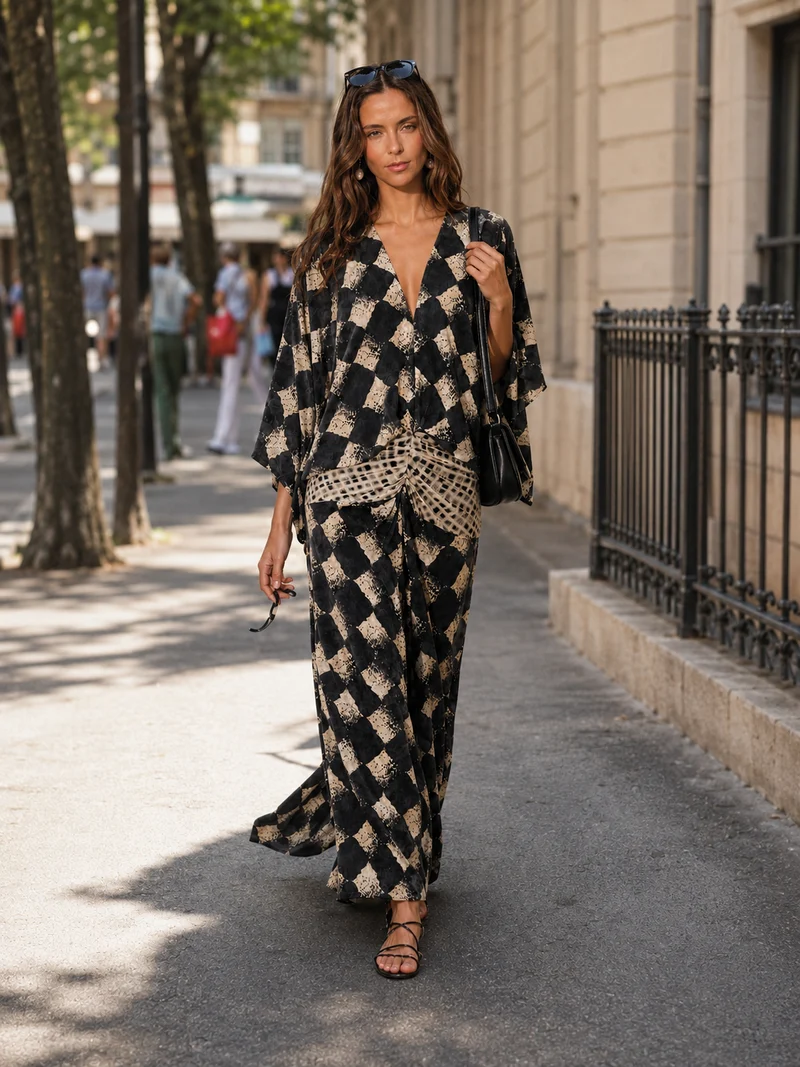 Celias | Mediterranes Mosaik-Maxikleid mit Kimonoärmeln