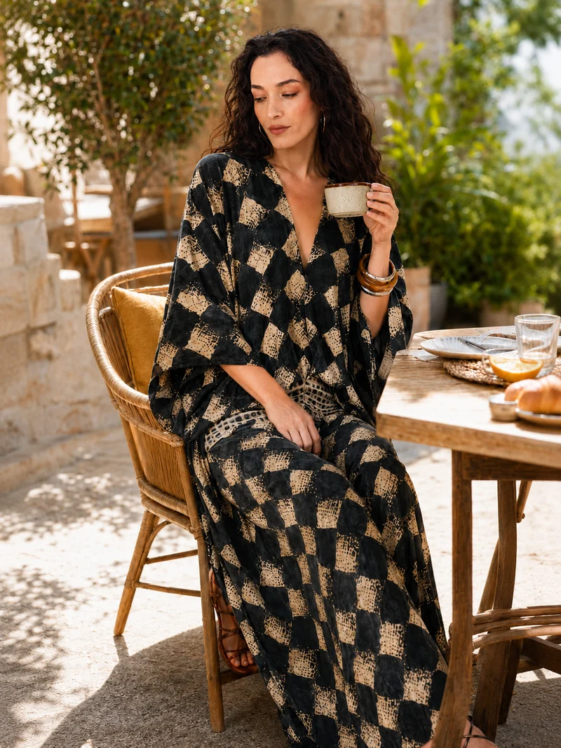 Celias | Mediterranes Mosaik-Maxikleid mit Kimonoärmeln