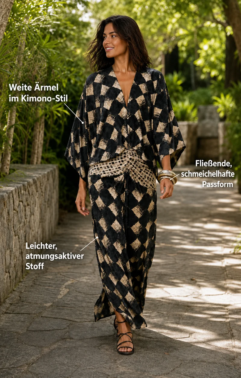 Celias | Mediterranes Mosaik-Maxikleid mit Kimonoärmeln