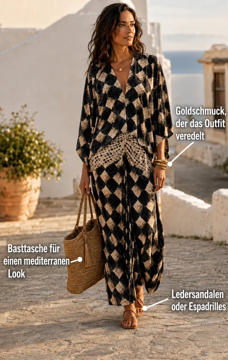 Celias | Mediterranes Mosaik-Maxikleid mit Kimonoärmeln