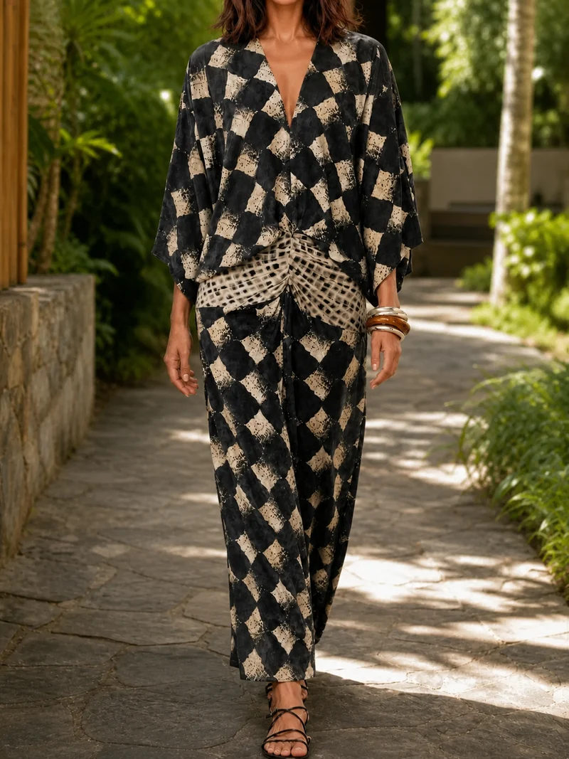 Celias | Mediterranes Mosaik-Maxikleid mit Kimonoärmeln