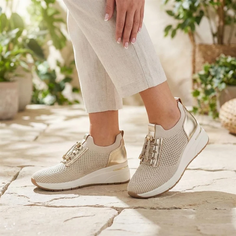 Knitted Slip On Wedge Trainers - WOIL43021 / 329 313 - Gold