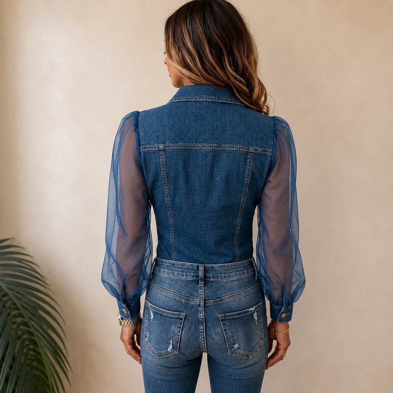 Trenedad | Jeansbluse mit transparenten Puffärmeln