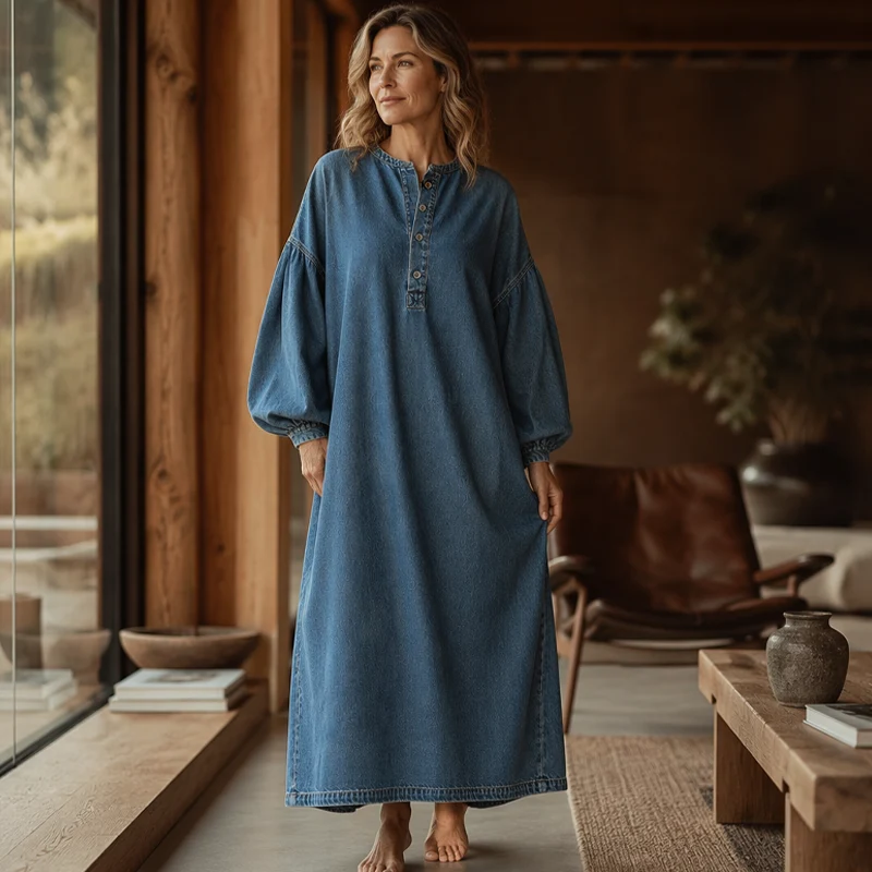 Delmira | Stonewashed-Denim-Maxikleid mit Ballonärmeln