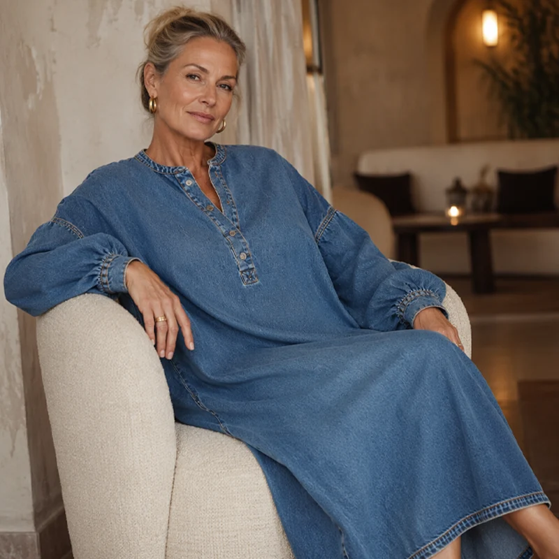 Delmira | Stonewashed-Denim-Maxikleid mit Ballonärmeln