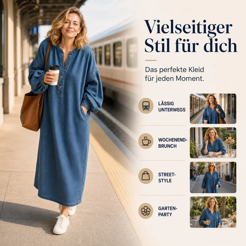 Delmira | Stonewashed-Denim-Maxikleid mit Ballonärmeln
