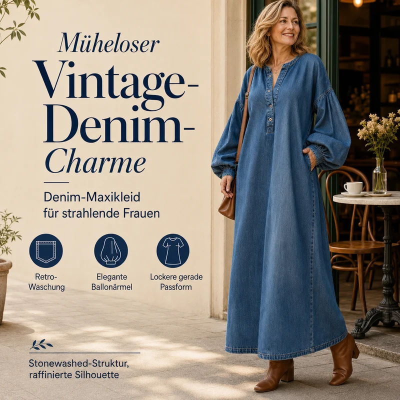 Delmira | Stonewashed-Denim-Maxikleid mit Ballonärmeln