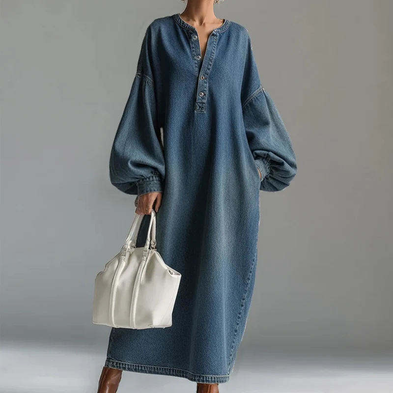 Delmira | Stonewashed-Denim-Maxikleid mit Ballonärmeln