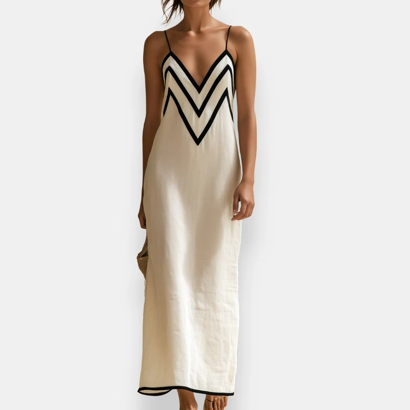 Jamyra | Zweifarbiges Maxikleid mit Chevron-Ausschnitt