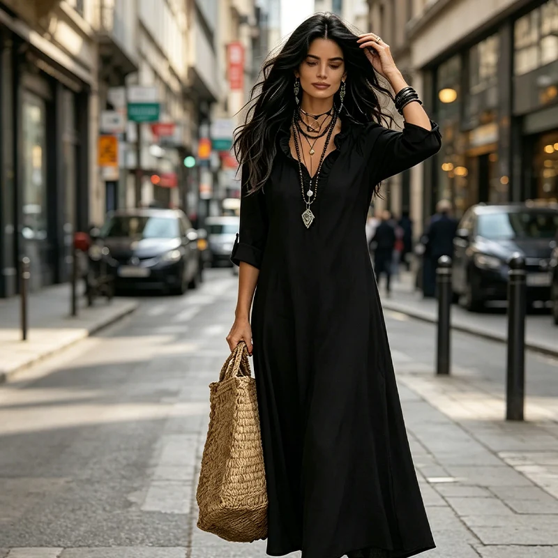 Eerahina | Boho-Maxikleid mit Volants und V-Ausschnitt