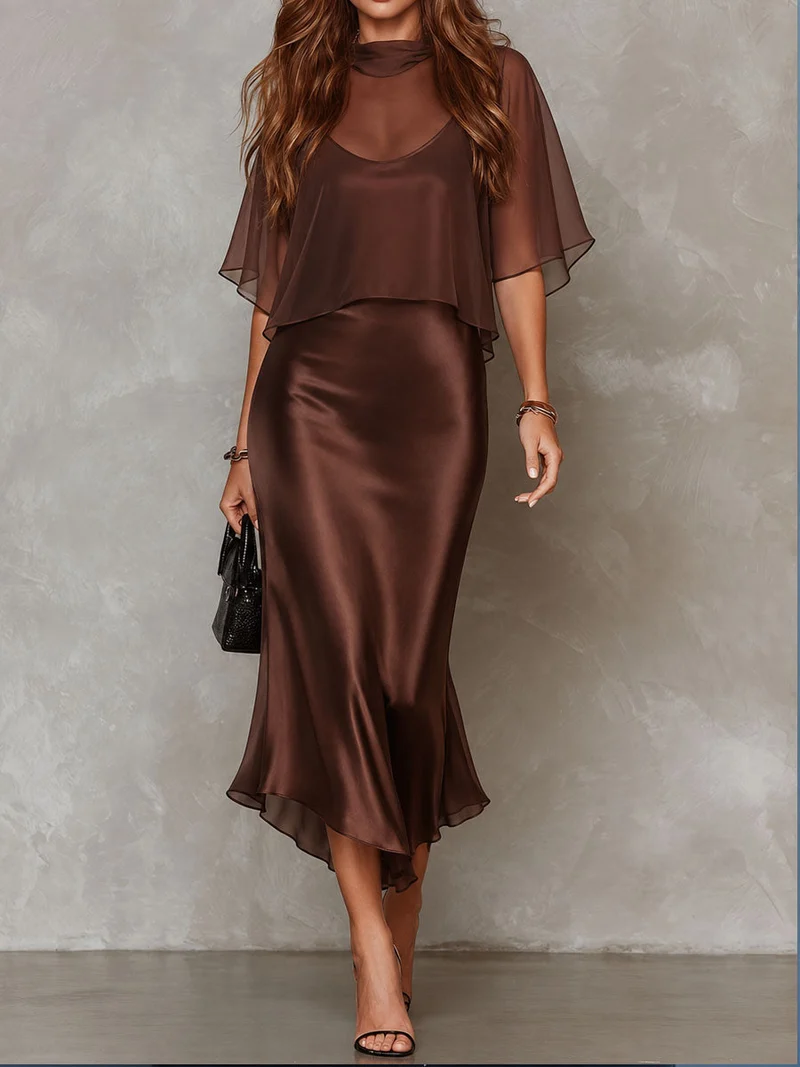 Chaskia | Satin-Midikleid mit transparentem Chiffon-Cape
