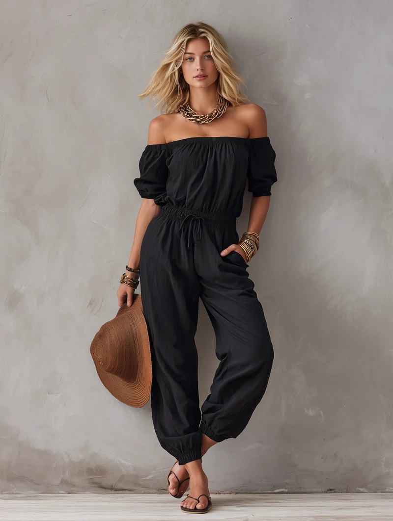 Joesy | Lässiger schwarzer Off-Shoulder-Jumpsuit