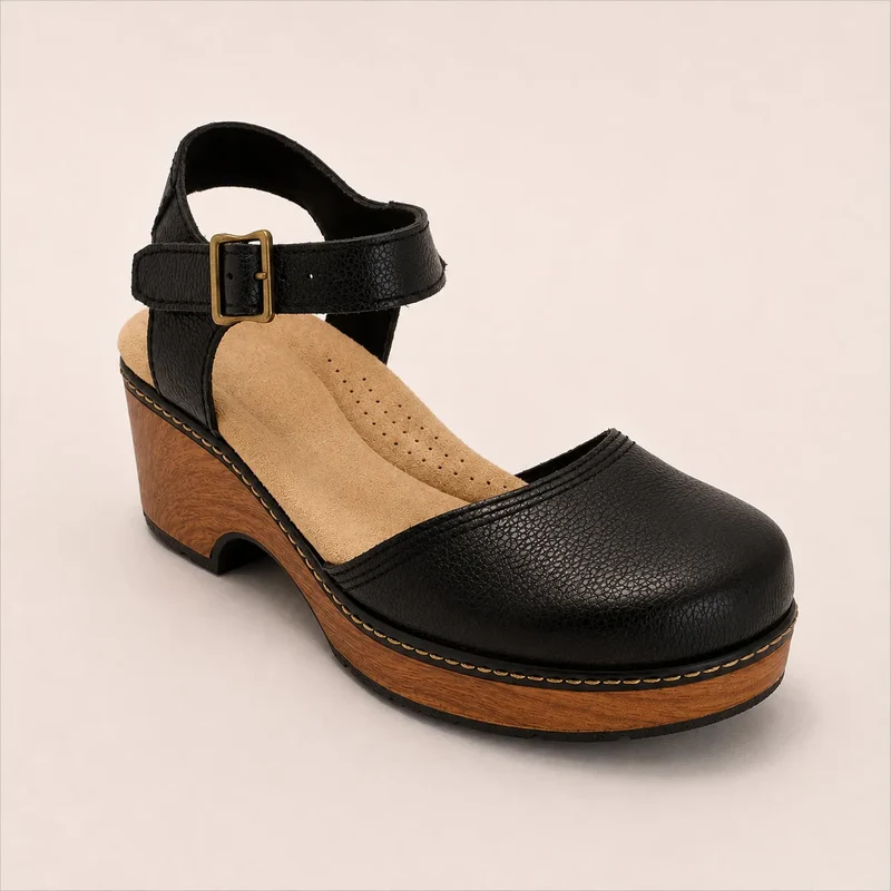 Bethina | Geschlossene Ledersandalen mit Holzoptik-Absatz
