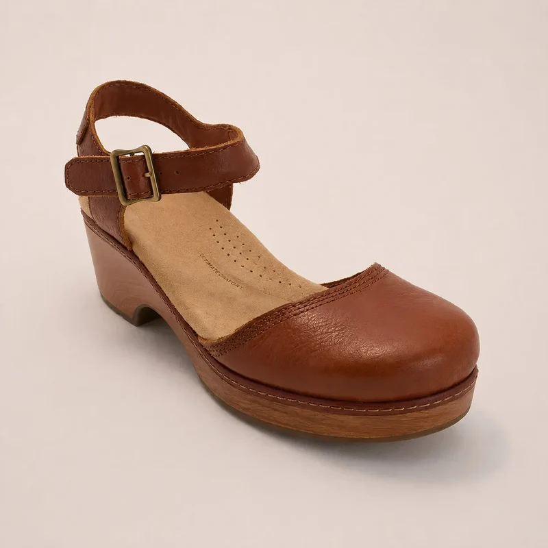 Bethina | Geschlossene Ledersandalen mit Holzoptik-Absatz