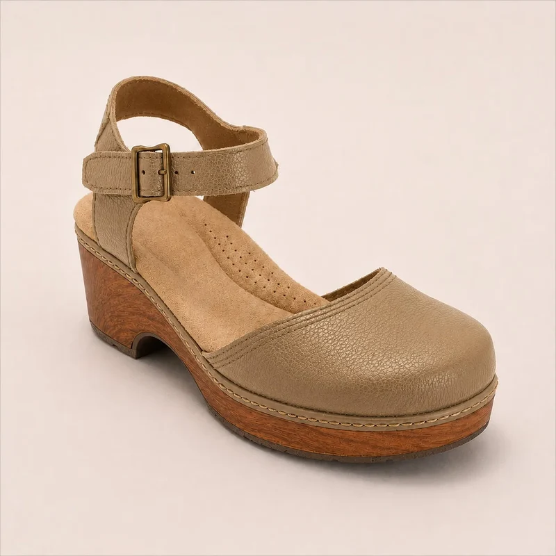 Bethina | Geschlossene Ledersandalen mit Holzoptik-Absatz