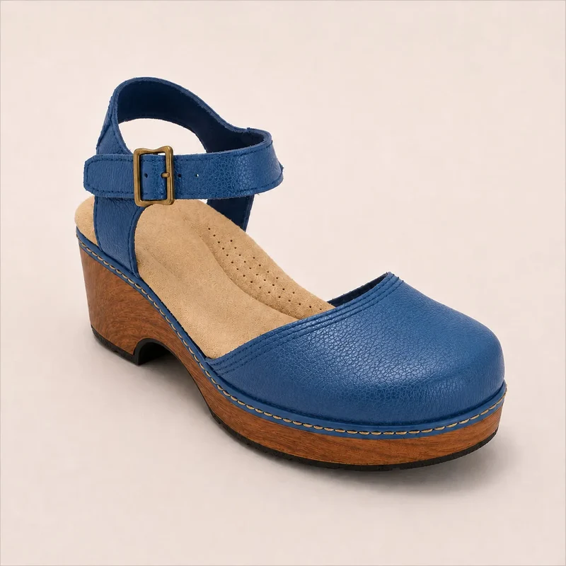 Bethina | Geschlossene Ledersandalen mit Holzoptik-Absatz