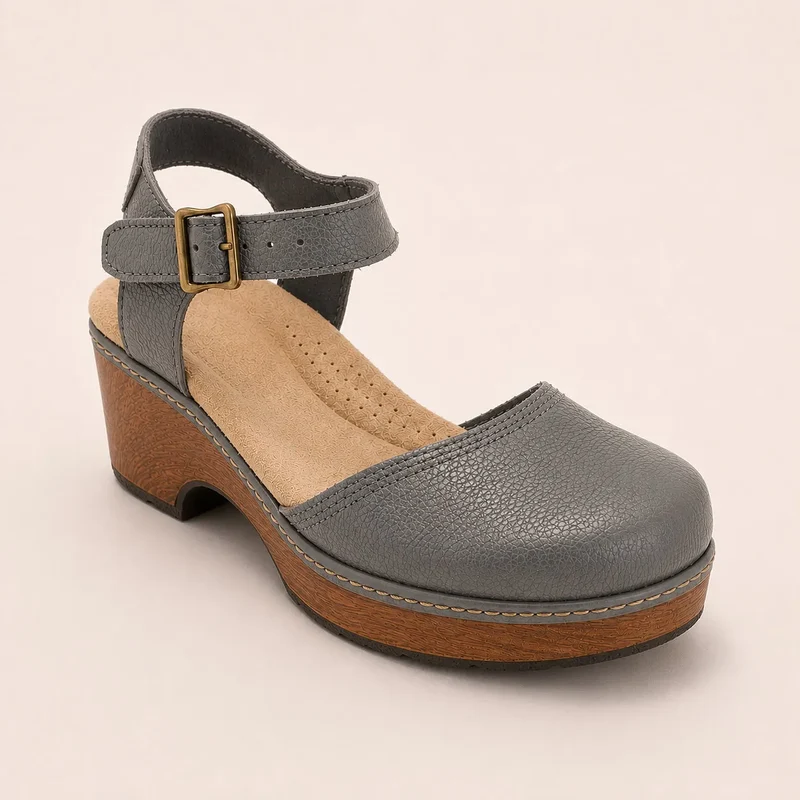 Bethina | Geschlossene Ledersandalen mit Holzoptik-Absatz