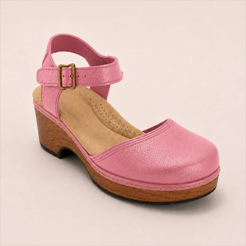 Bethina | Geschlossene Ledersandalen mit Holzoptik-Absatz