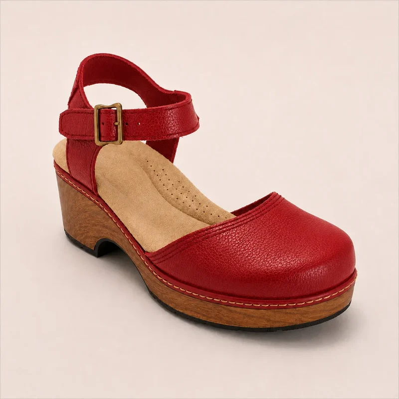 Bethina | Geschlossene Ledersandalen mit Holzoptik-Absatz