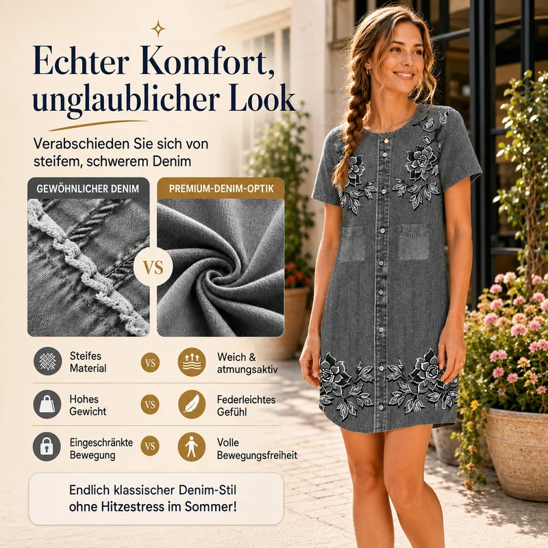 Cyloria | Lässiges Kleid mit Knopfleiste und Denim-Print