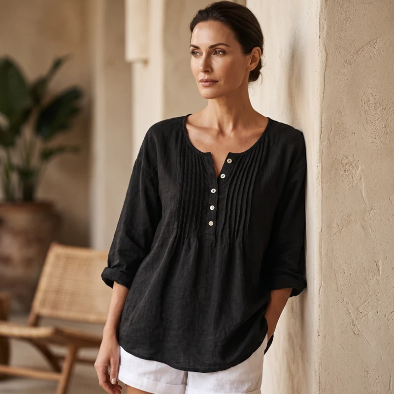Lujena | Langarmbluse mit Falten und Henley-Ausschnitt