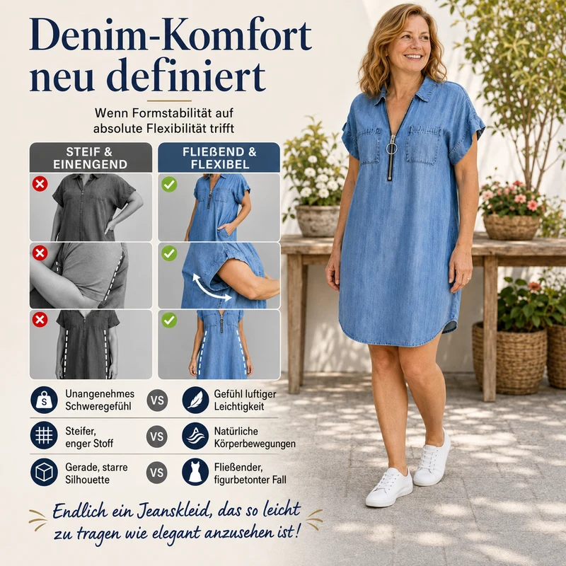 Sarevia | Kurzärmeliges Denimkleid mit Frontreißverschluss