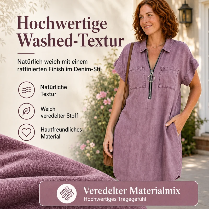 Sarevia | Kurzärmeliges Denimkleid mit Frontreißverschluss