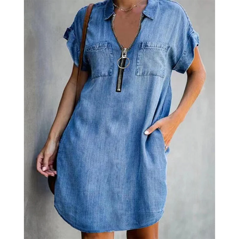 Sarevia | Kurzärmeliges Denimkleid mit Frontreißverschluss