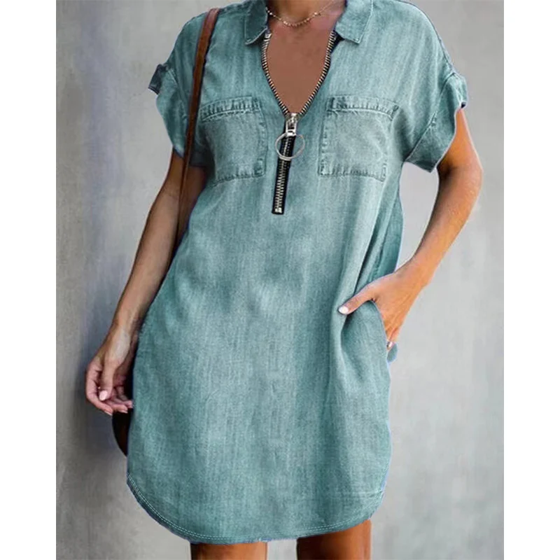 Sarevia | Kurzärmeliges Denimkleid mit Frontreißverschluss