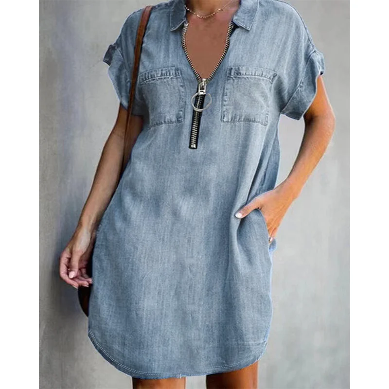 Sarevia | Kurzärmeliges Denimkleid mit Frontreißverschluss