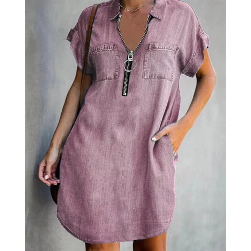 Sarevia | Kurzärmeliges Denimkleid mit Frontreißverschluss