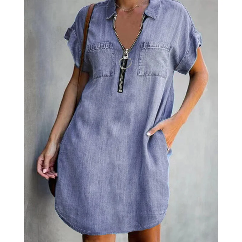 Sarevia | Kurzärmeliges Denimkleid mit Frontreißverschluss