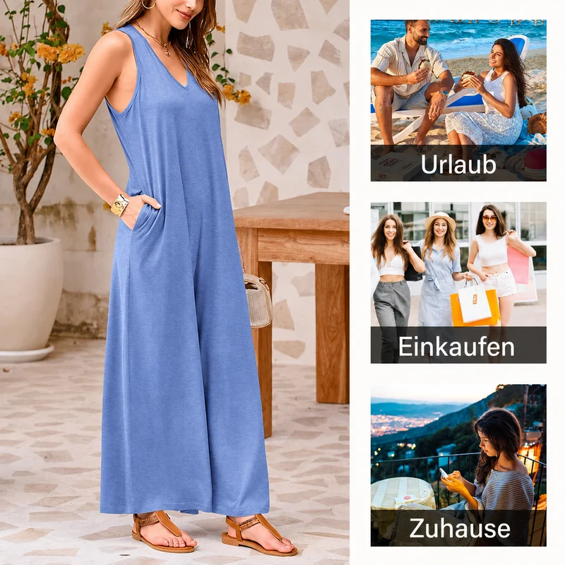 Lenizza | Ärmelloser Jumpsuit mit V-Ausschnitt und weitem Bein