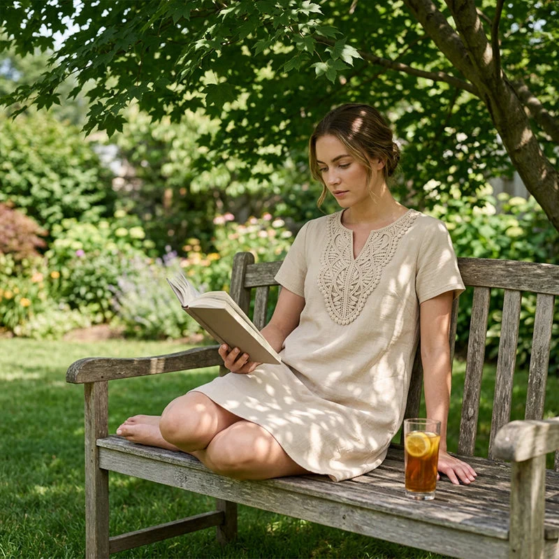 Erbeth | Boho T-Shirt-Kleid mit Spitze und V-Ausschnitt