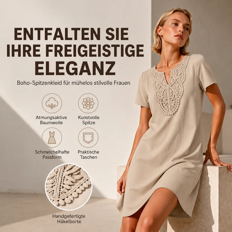 Erbeth | Boho T-Shirt-Kleid mit Spitze und V-Ausschnitt