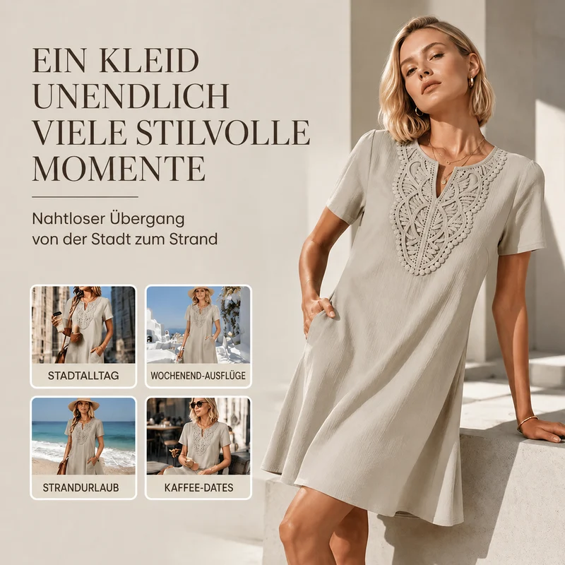 Erbeth | Boho T-Shirt-Kleid mit Spitze und V-Ausschnitt