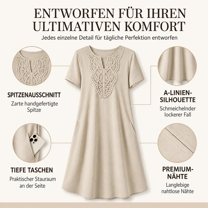 Erbeth | Boho T-Shirt-Kleid mit Spitze und V-Ausschnitt