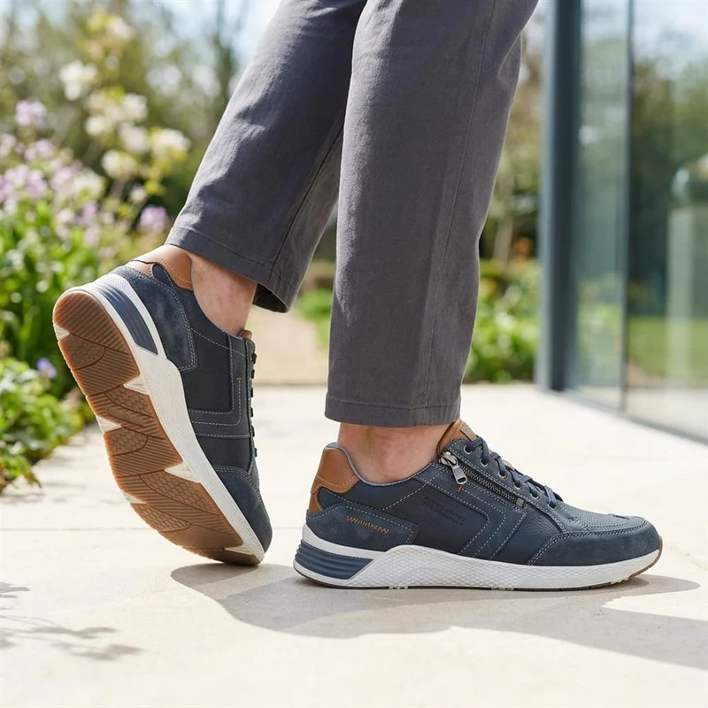 Leather Wide-Fit Lace-Up Trainers - PARK41046 / 327 261 - Navy
